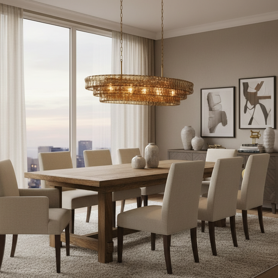 A modern dining room with a large wooden table, eight beige upholstered chairs, abstract wall art, ceramic vases, floor-to-ceiling windows overlooking a sunset city view, and a Morsale Riviera Vintage Glass Dining Room Chandelier.