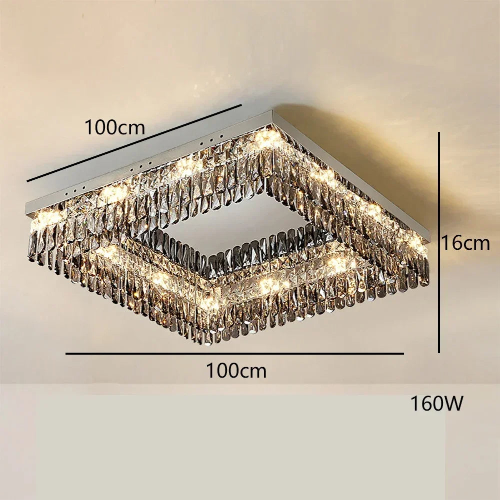 A modern square ceiling light fixture with crystal detailing and LED lights on an off-white ceiling. Measuring 100cm in length, width, and 16cm in height, with 160W power consumption, this luxury chandelier evokes a sophisticated and elegant appearance. Introducing the Giano Crystal Ceiling Light by Morsale.com.