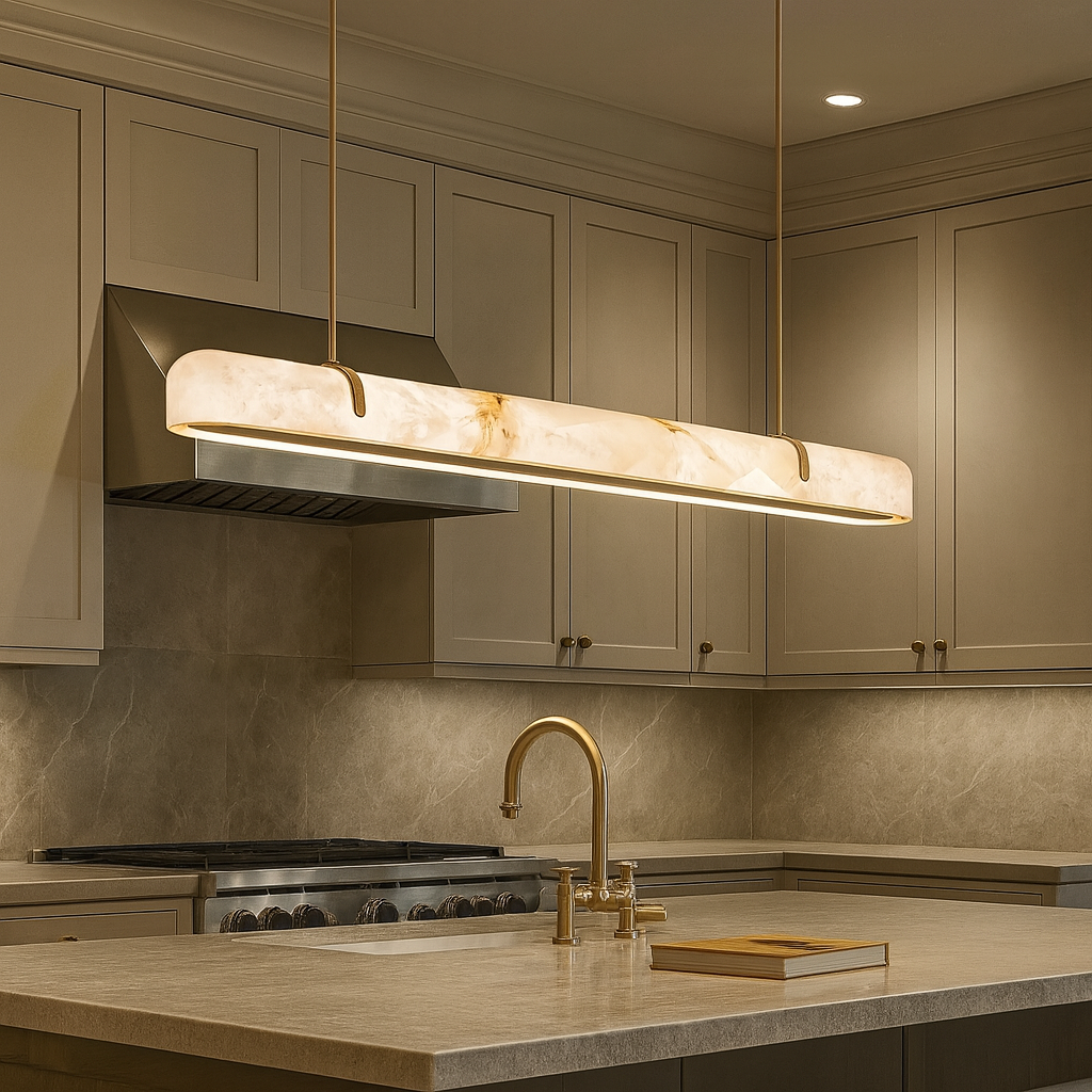 Modern kitchen with beige cabinets, marble backsplash, gold faucet, and the Windsor Marble & Copper Linear Pendant by Morsale illuminating the central island where a closed book rests. The space feels warm and elegant.