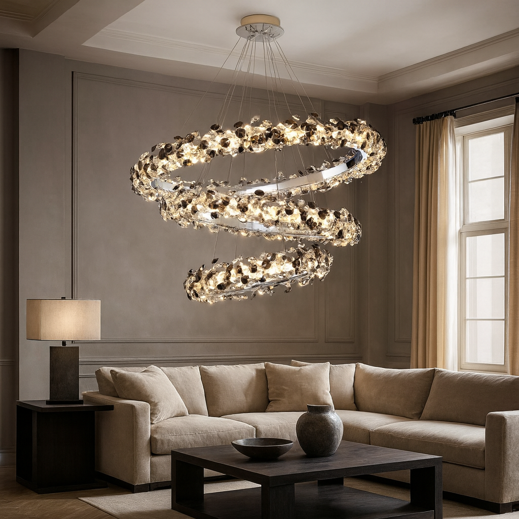 A modern living room with a beige sectional sofa, dark wood coffee and side tables, a large window with cream curtains, and the Bigman Gardo Crystal Modern Chandelier as a striking ceiling fixture.