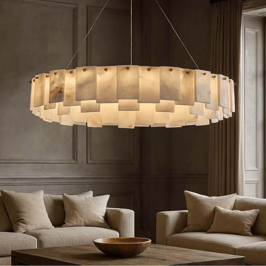 A modern living room with two beige sofas and a wooden coffee table showcases the Lunaria Marble Chandelier by Bigman, a large, circular Spanish marble fixture with layered, translucent panels. Neutral tones and soft natural light fill the space.