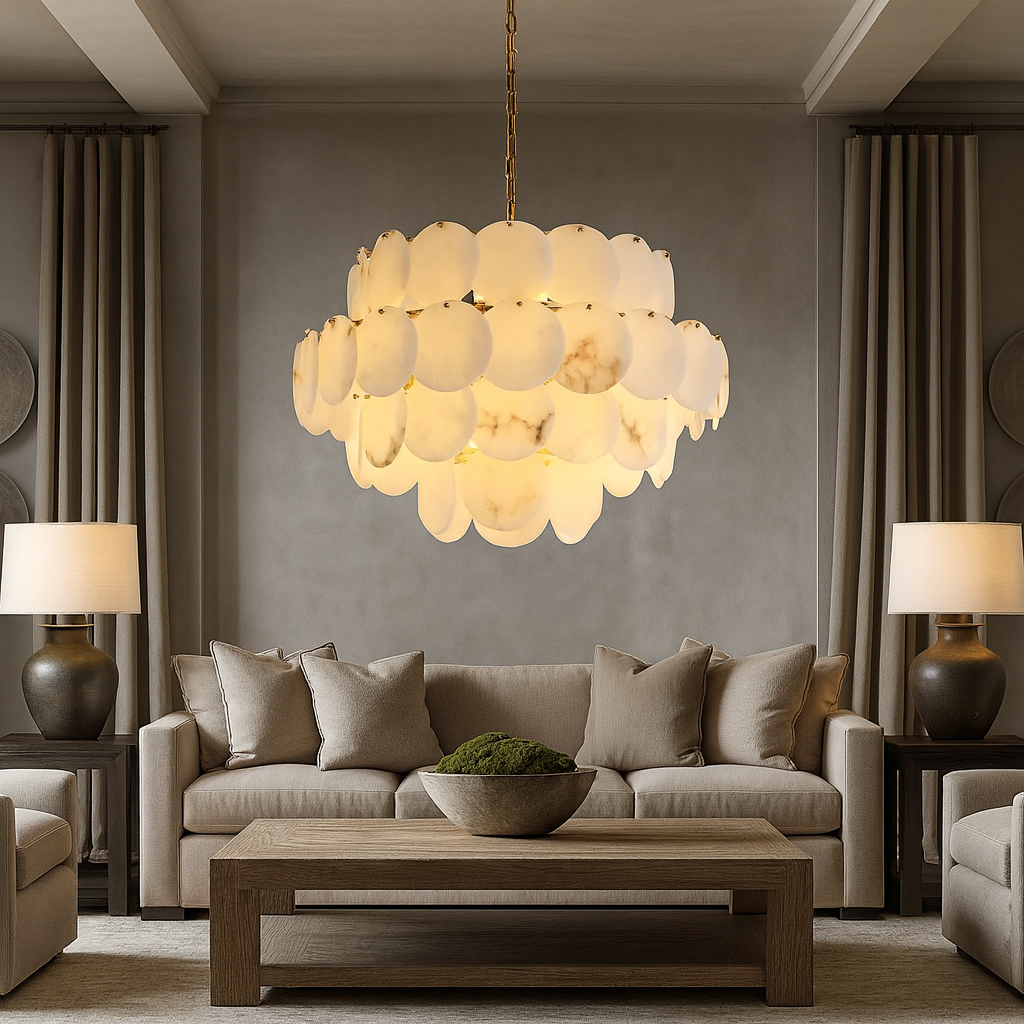 A modern living room with neutral-toned sofas, a wooden coffee table with a bowl of moss, two matching table lamps, and a large, round Bordwell Marble Chandelier 31" by Morsale.com made of overlapping translucent discs.
