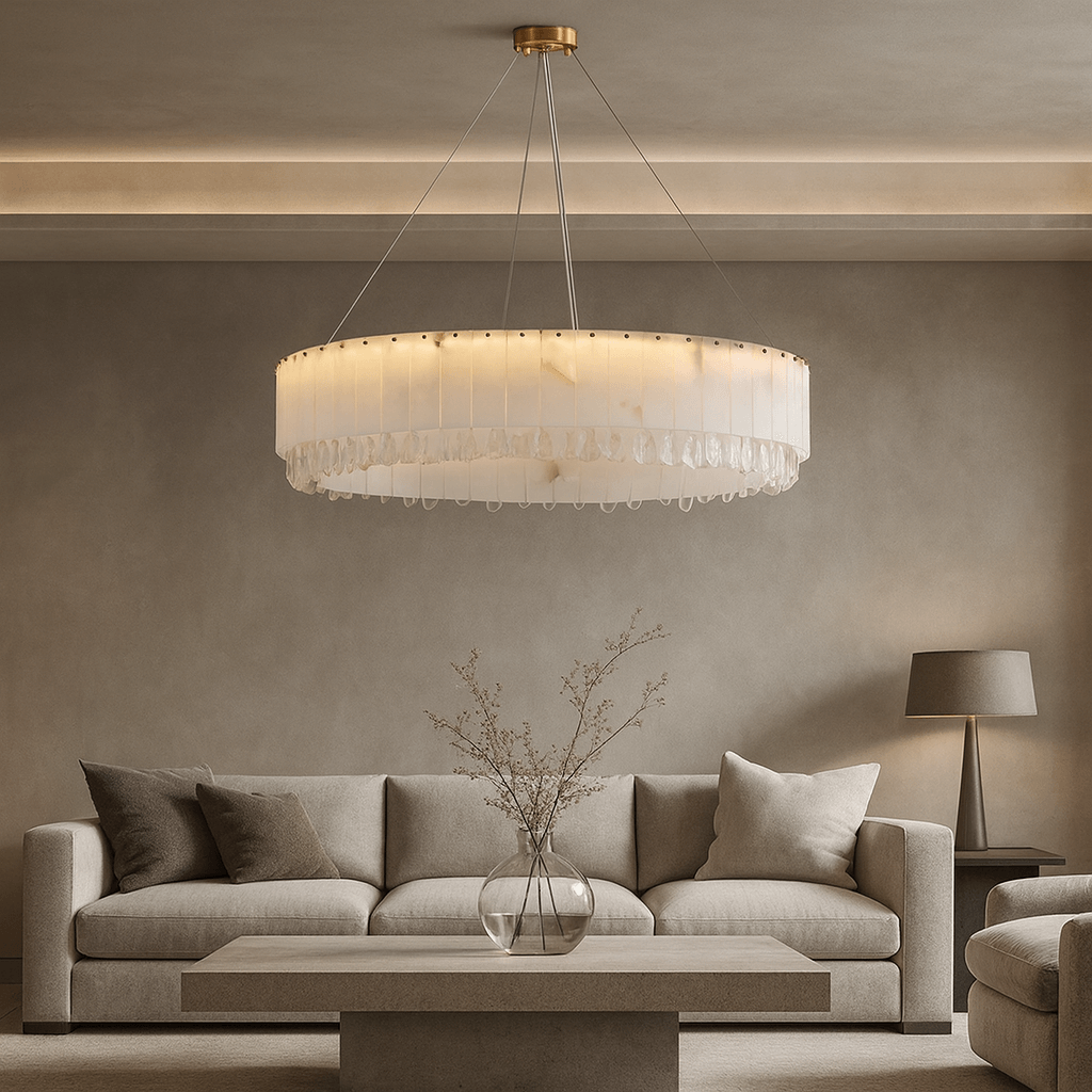 A modern living room features a beige sofa, a square coffee table with a glass vase of twigs, a floor lamp, and the Stuart Marble & Crystal Chandelier 39' by Morsale.com casting soft light from the ceiling.