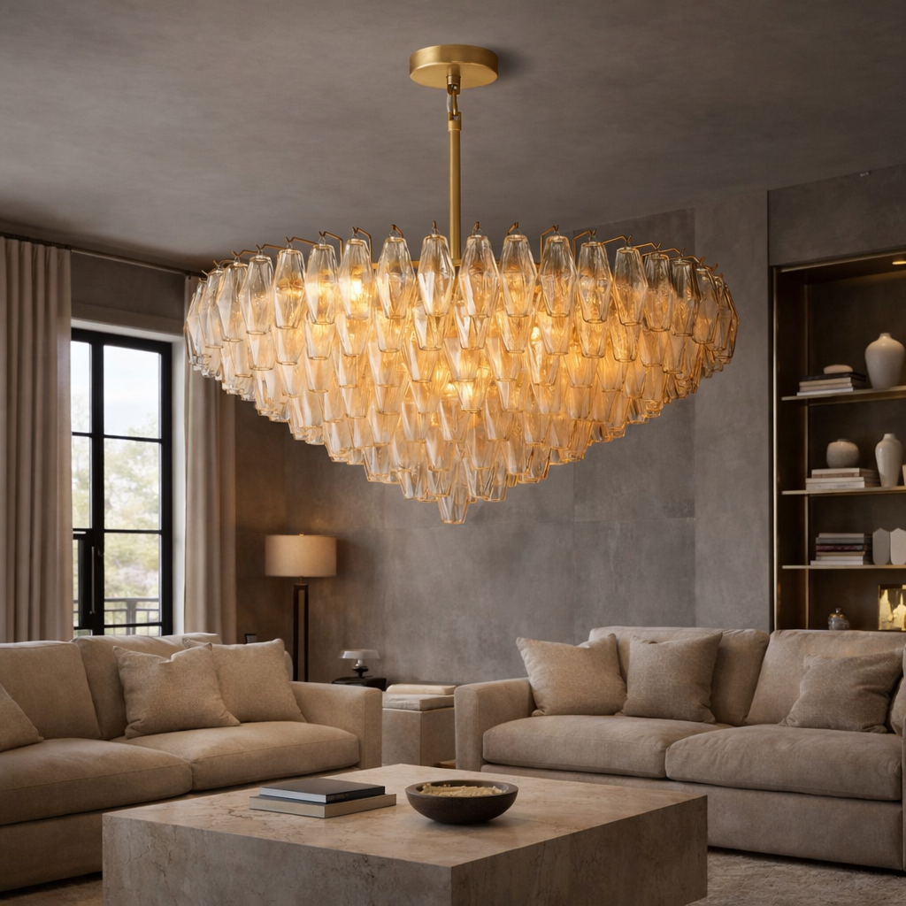 A modern living room with beige sofas and the Morsale Burnley Glass Chandelier, featuring layered glass pieces that emit warm, luxurious light. Shelves with decor and a large window complete the elegant space.