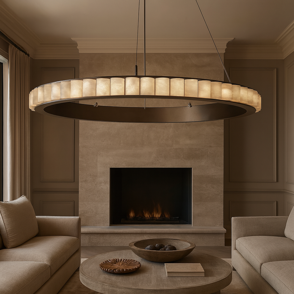 A modern living room with neutral tones features the Bigman Hampton Marble Chandelier (dimmable LED), beige sofas, a wooden coffee table with a bowl, and a stone fireplace set in paneled walls.