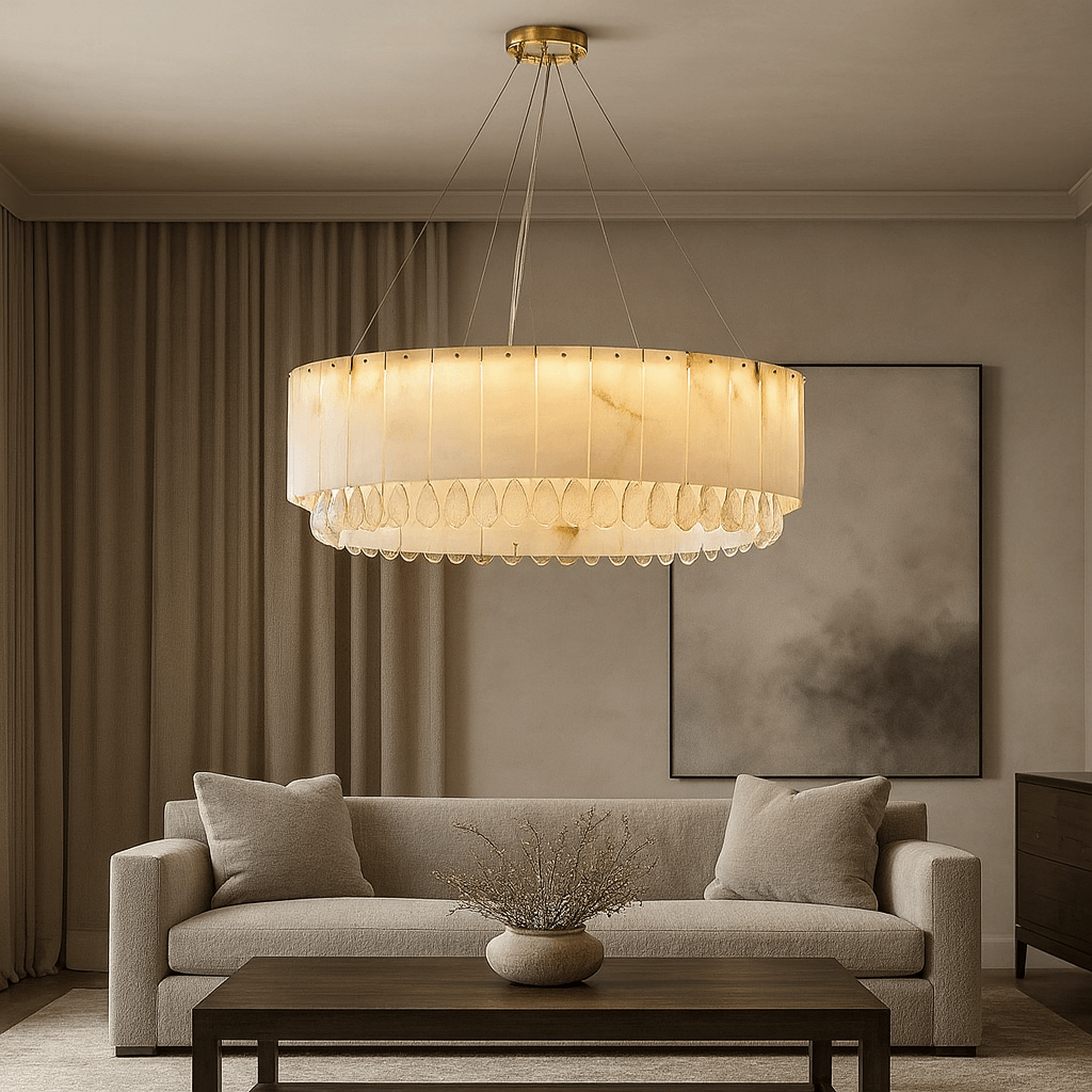 A modern living room features Morsale.com's Stuart Marble & Crystal Chandelier 31" above a beige sofa and wooden coffee table, with neutral tones, floor-to-ceiling curtains, and minimalist wall art adding contemporary elegance.