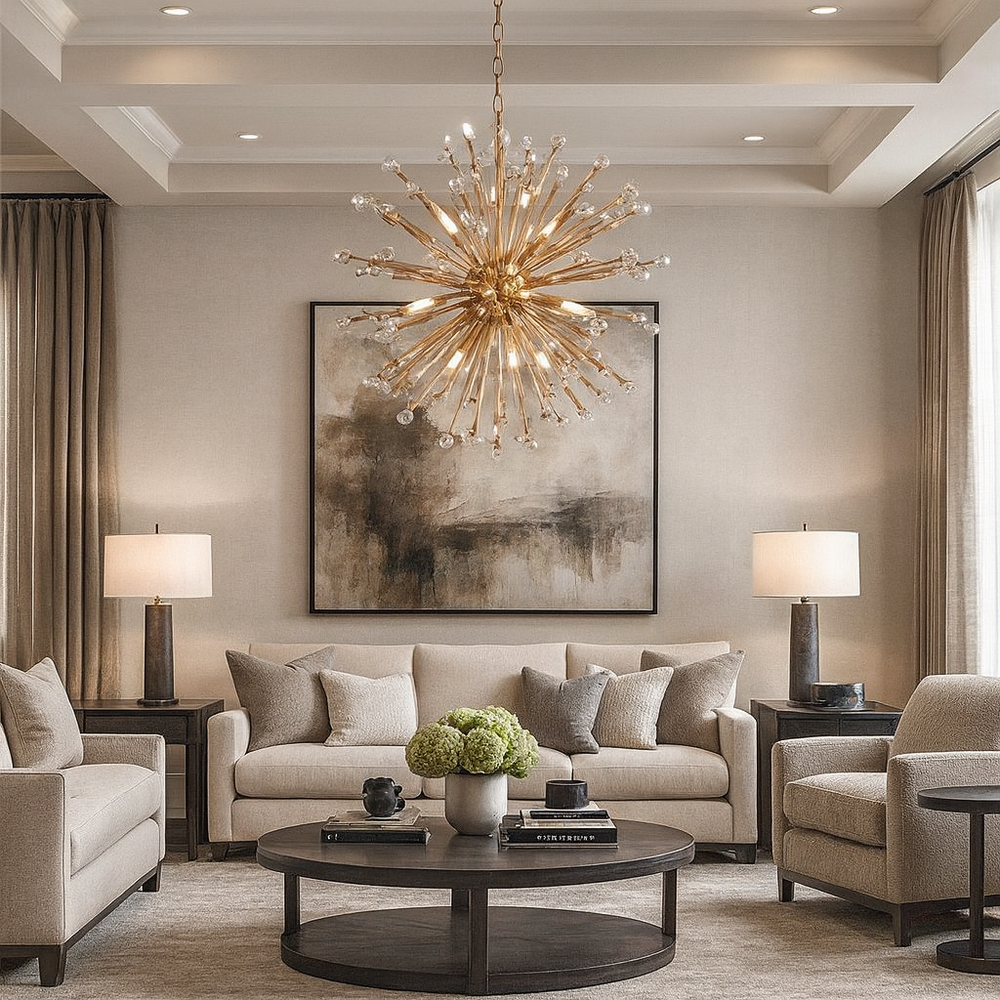 
                  
                    A modern living room featuring neutral sofas, a round coffee table with green flowers, abstract wall art, table lamps, and the Weston Sputnik Chandelier by Morsale.com adorned with handmade crystals hanging from a coffered ceiling.
                  
                