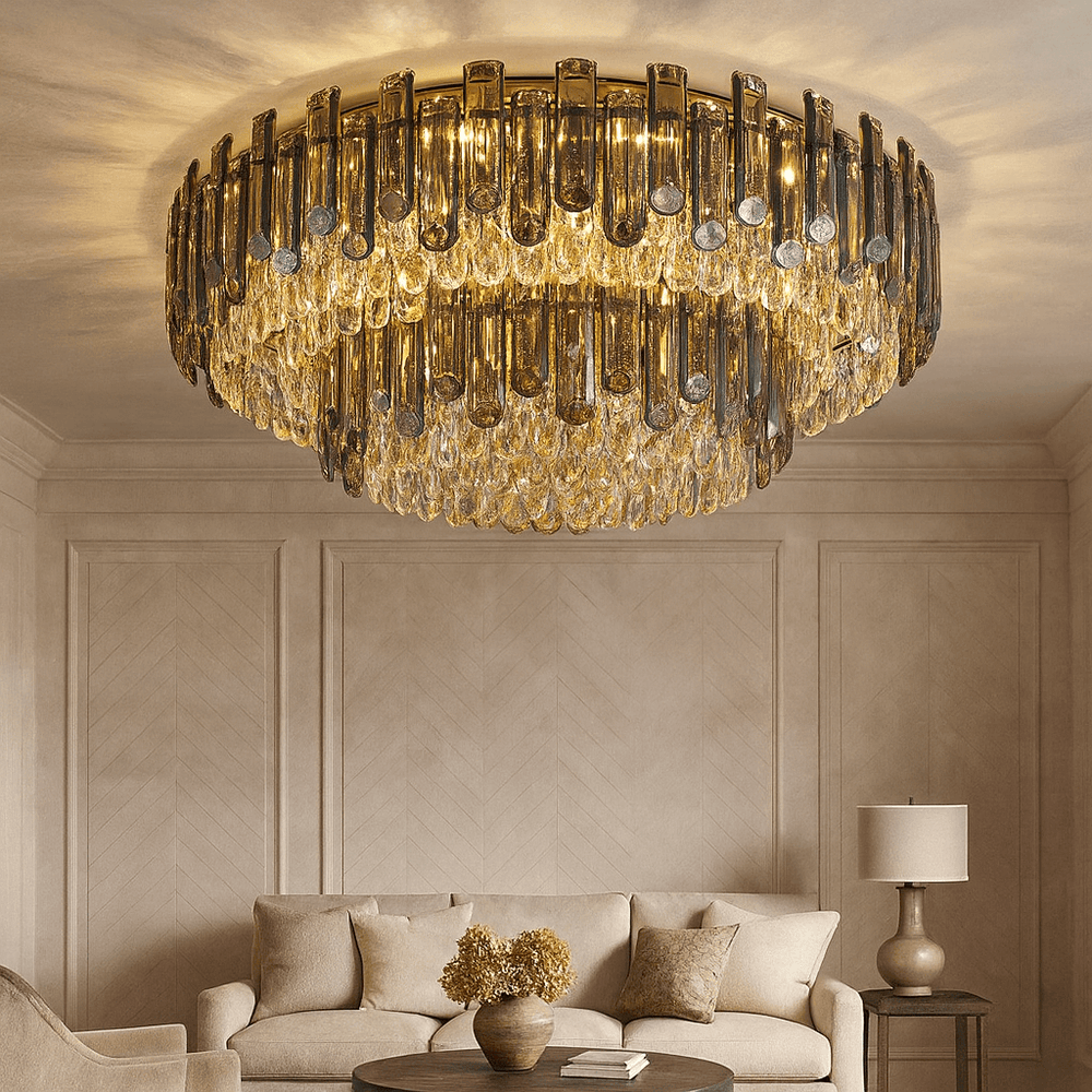 The Venice 2-Tier Crystal Chandelier from Morsale.com hangs elegantly, its polished stainless steel frame bringing modern lighting sophistication to the room.