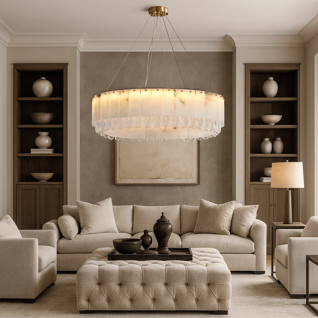 A modern living room with beige sofas, a tufted ottoman, built-in shelves, and a neutral wall painting features contemporary luxury lighting from Morsale.com’s Stuart Marble & Crystal Chandelier 31", adding elegance to the warm, neutral palette.