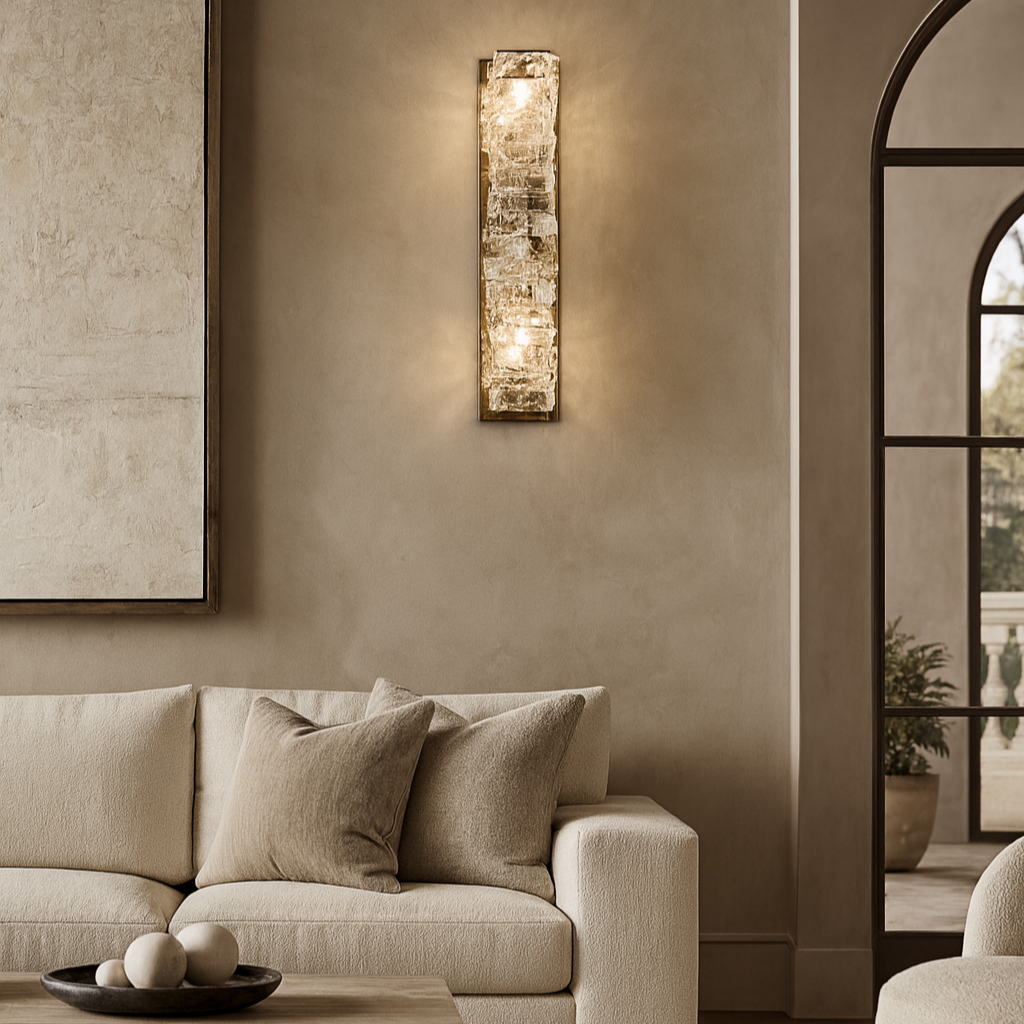 A modern living room with a cream sofa, neutral pillows, a round coffee table with decor, and Morsale.com's Bacci Crystal Wall Sconce casting warm light on a beige wall. An arched window reveals an outdoor view.