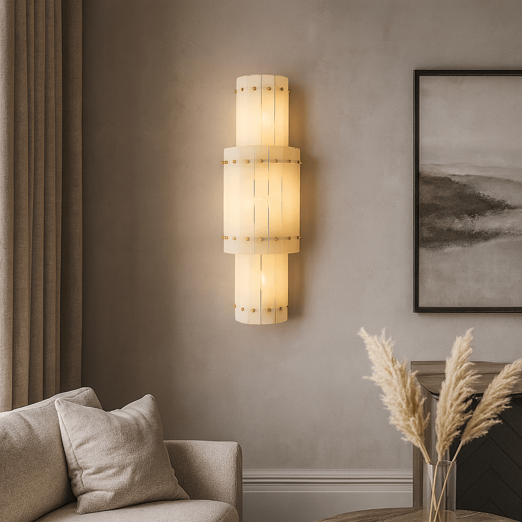The Valmont Marble Wall Sconce by Morsale casts a warm glow in a neutral living room with a beige sofa, taupe curtains, abstract artwork, and a vase of dried pampas grass.