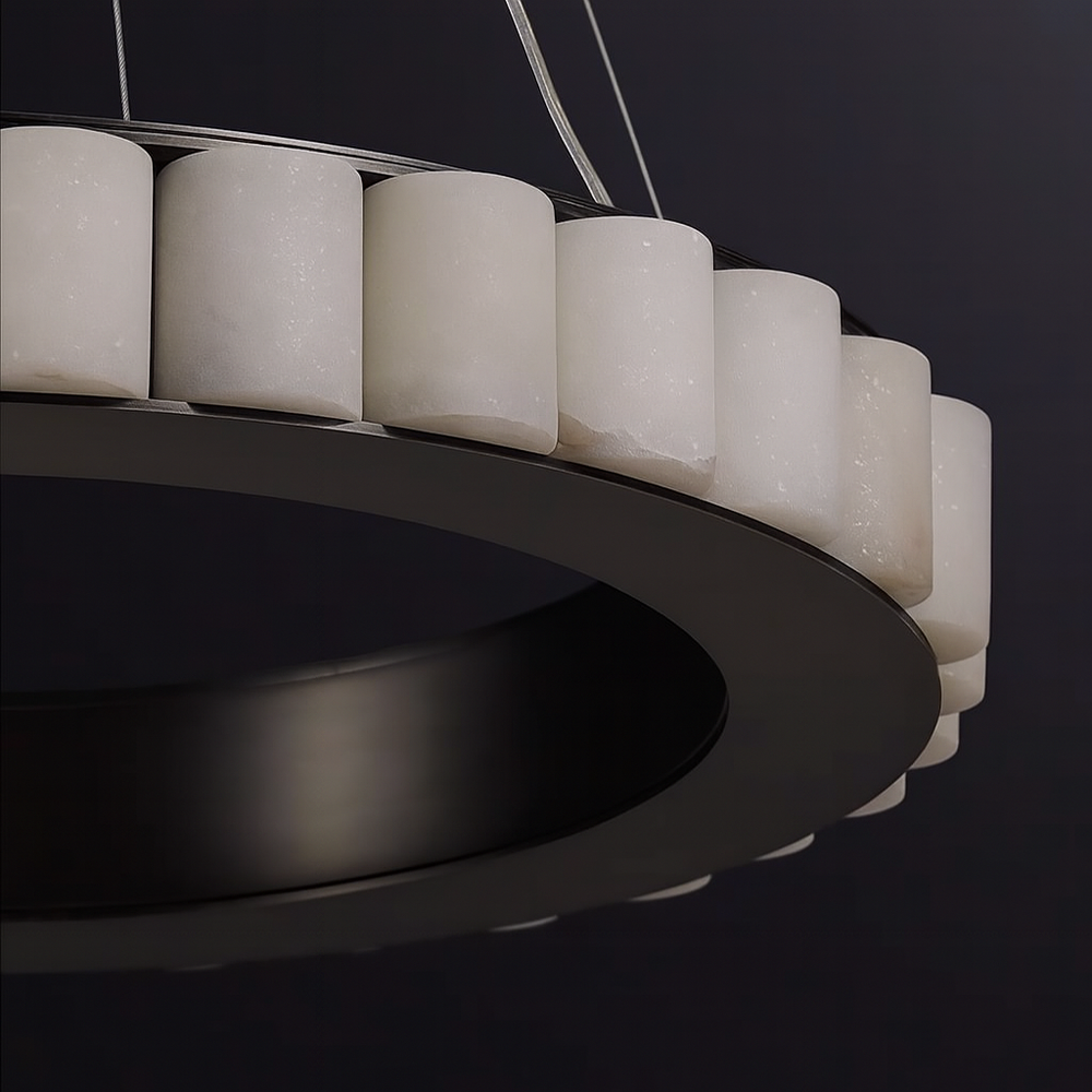 
                  
                    The Morsale Hampton Marble Dining Room Chandelier features dimmable LED lighting and cylindrical white alabaster shades on a dark metal frame with suspension cables—perfect for dining rooms and modern interiors.
                  
                