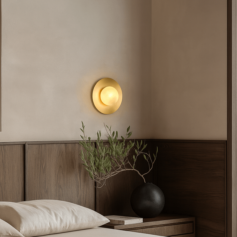 Minimalist bedroom with a bed, beige bedding, wooden nightstand, round black vase with an olive branch, and the Moonshade Brass & Marble Sconce by Morsale.com emitting a warm glow.