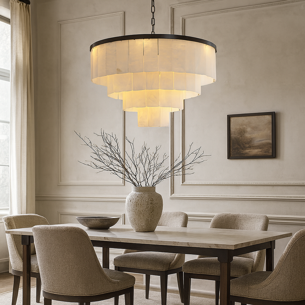 
                  
                    A modern dining room with beige upholstered chairs, a wooden table, a ceramic vase with bare branches, a bowl, neutral-toned walls with a single framed painting, and the Morsale Aurora Marble Tiered Chandelier overhead.
                  
                