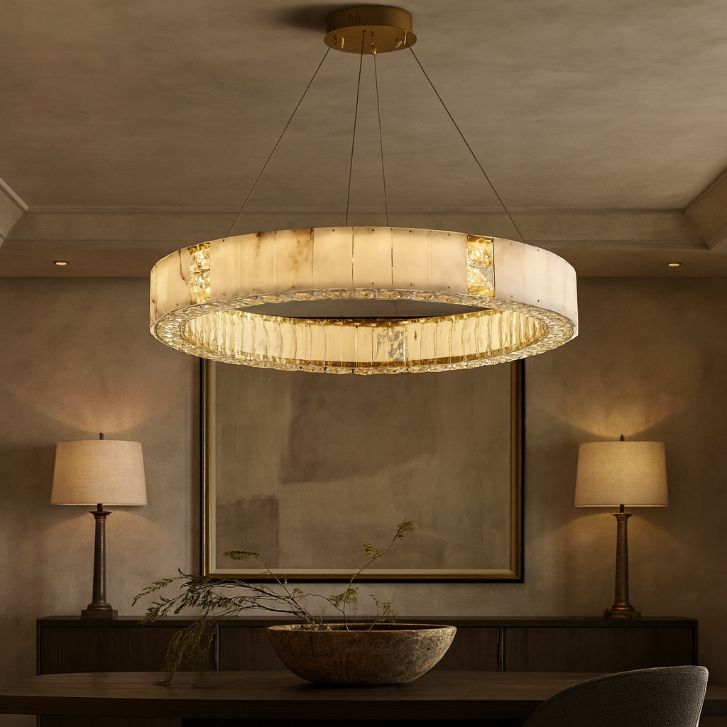 A modern dining room showcases the Kolia Stafford Marble & Crystal Ceiling Chandelier above the table, while two tall lamps rest on a sideboard beneath a framed abstract painting on a beige wall.