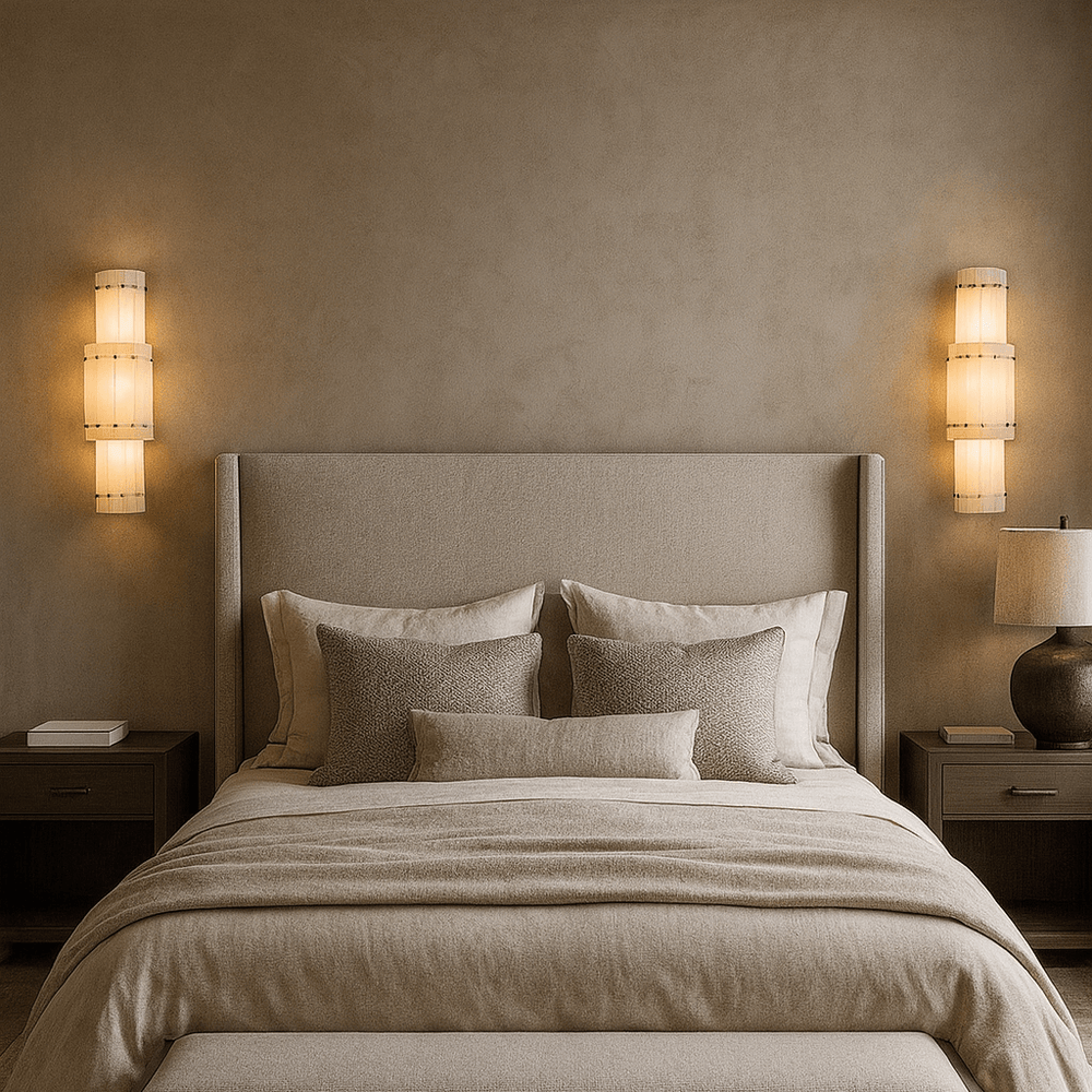 A modern bedroom with a beige upholstered bed, matching bedding, and three pillows. Warm lighting comes from a Morsale Valmont Marble Wall Sconce and a table lamp on wooden nightstands against a neutral tan wall.