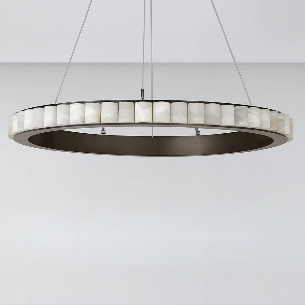 
                  
                    The Bigman Hampton Marble Chandelier features a modern circular design with a metal frame and translucent vertical panels, suspended by thin wires against a plain white background.
                  
                