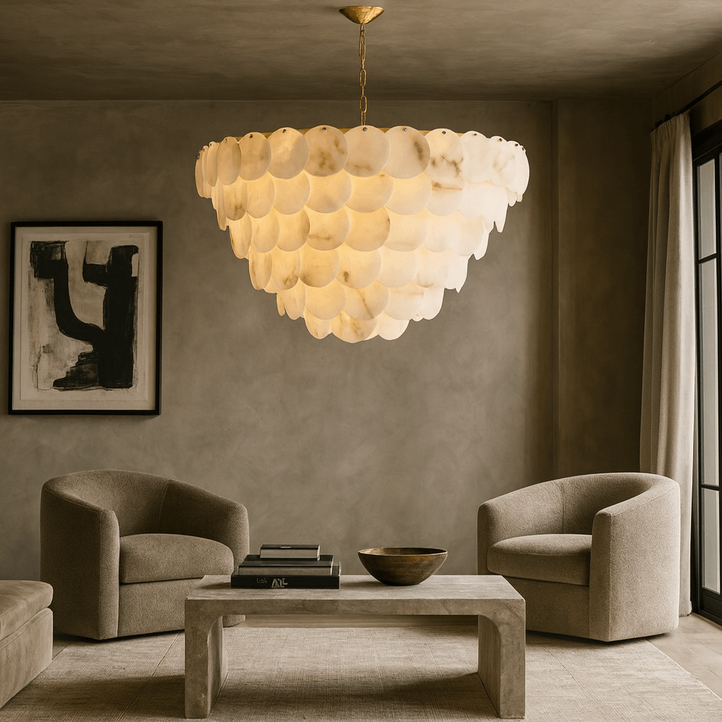 A modern living room with beige armchairs, a stone coffee table, abstract wall art, soft natural light, and the Bordwell Marble Chandelier 43" by Morsale.com as a striking centerpiece.