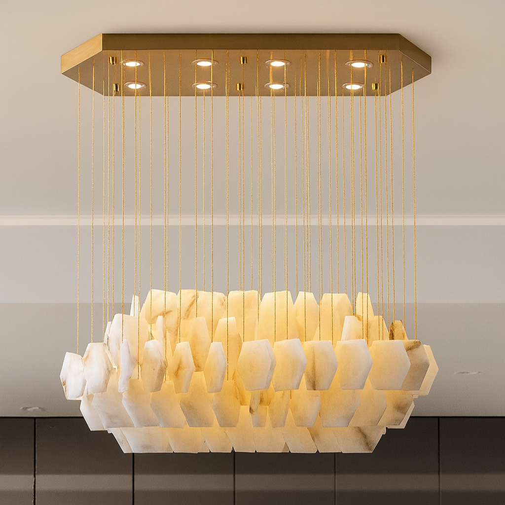 The Arden Marble Chandelier by Shopp578 features hexagonal marble-like pieces suspended by thin gold cords from a rectangular gold plate, offering a modern G9 LED design with a warm, elegant glow.