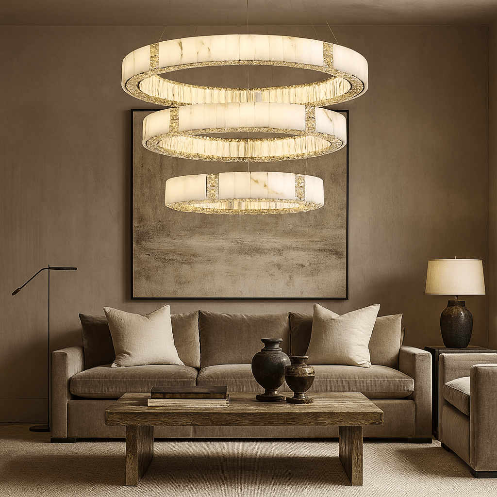 Elegant living room with a beige sofa, neutral cushions, a wooden coffee table with decorative vases, a large modern painting, and the Aurelia Marble & Crystal Chandelier by Morsale.com providing warm, ambient luxury lighting.