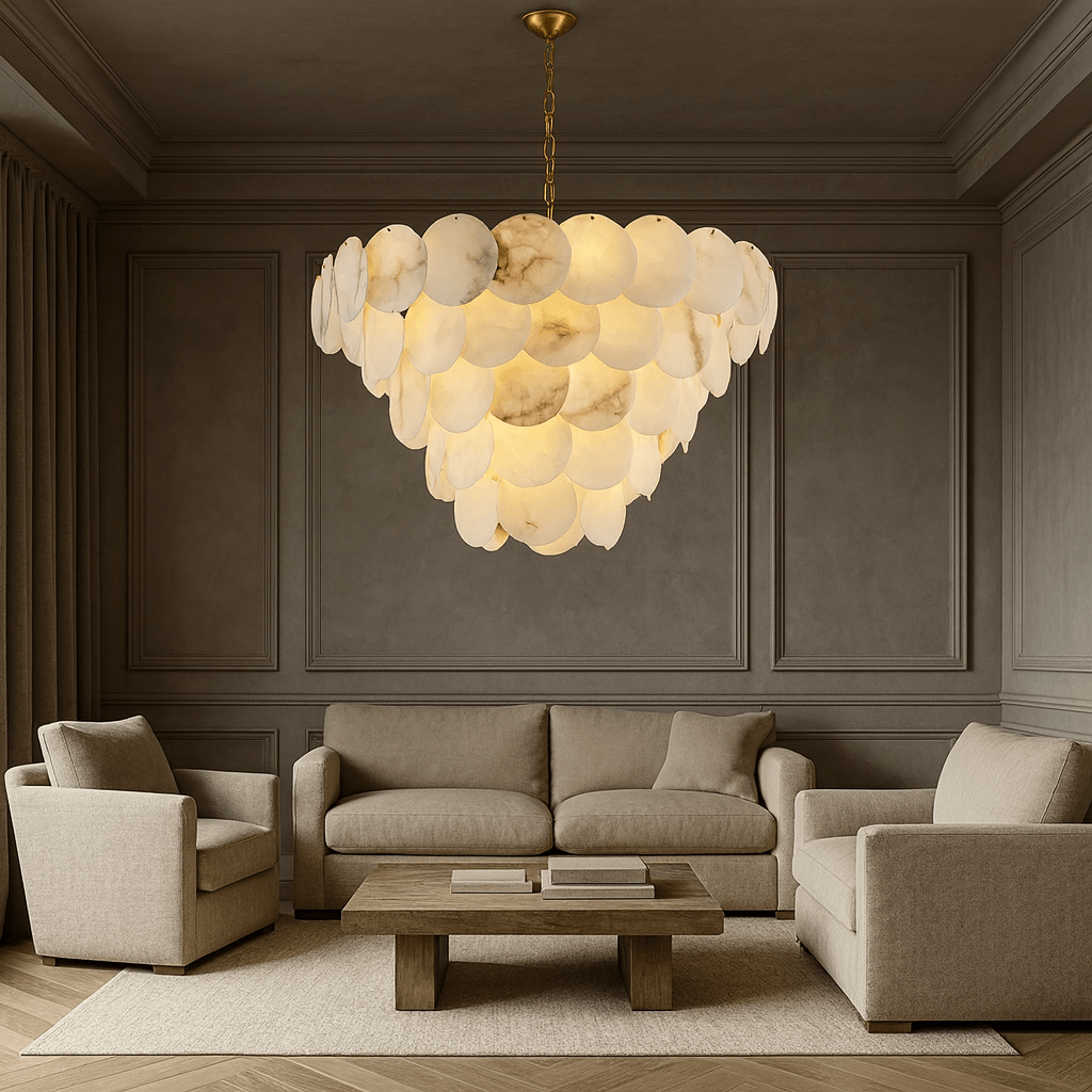 A sophisticated living room with neutral-toned walls, a beige sofa set, a wooden coffee table, and the elegant Bordwell Marble Chandelier 35" by Morsale.com featuring layered, glowing disc-shaped elements hanging from the ceiling.