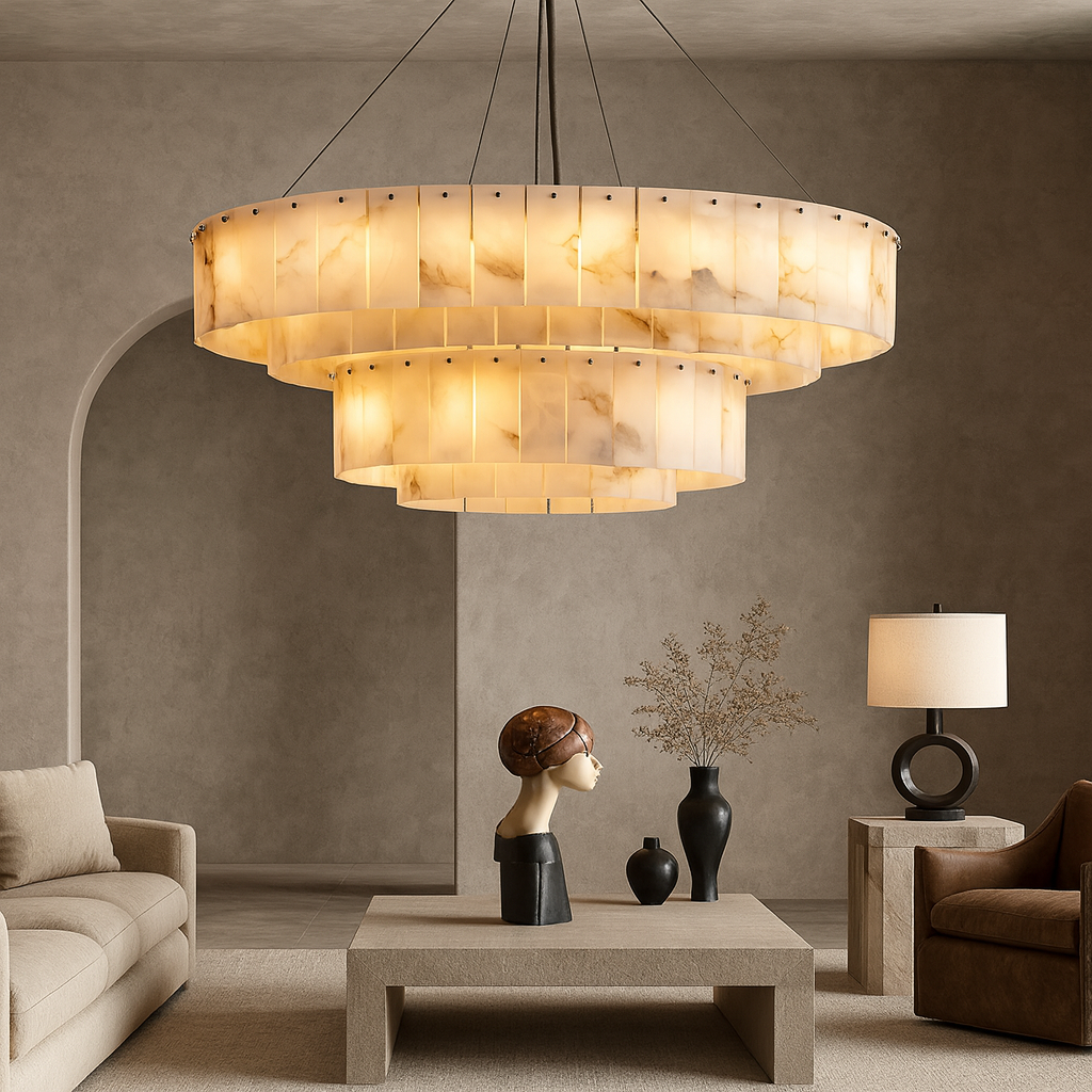 A modern living room with beige walls features the Oakley Marble Chandelier from Morsale.com as the centerpiece, complemented by neutral furniture, a coffee table with decorative vases, and a sculpted head as a bold accent.