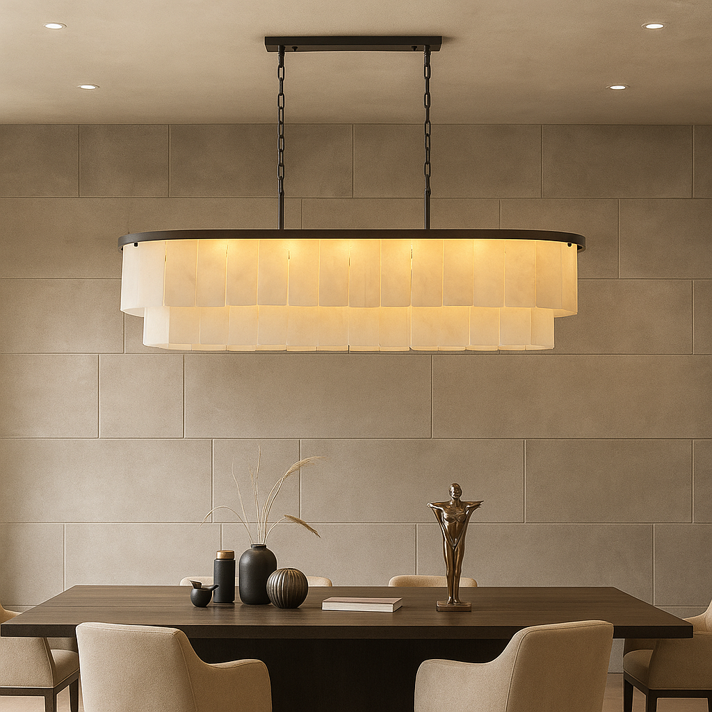 Modern pendant light hanging above a dining table with decorative items against a tiled wall.