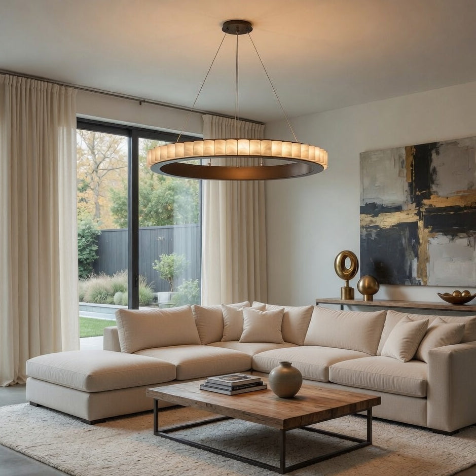 Modern living room with a beige sectional sofa, wooden coffee table, and abstract art on the wall.