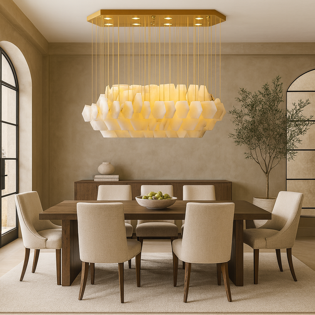 A modern dining room features a wooden table with six beige chairs, a Shopp578 Arden Marble Chandelier with brass chain, green apples in a bowl, minimalist decor, a potted tree, and neutral-toned walls.