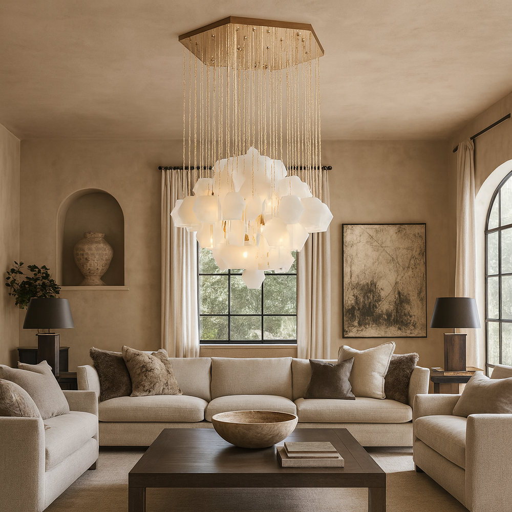 
                  
                    Elegant living room with beige walls, large windows, neutral sofas, and a dark wood coffee table. The Arden Marble Pendant Chandelier by Morsale.com hangs from the ceiling, creating a bright focal point above the seating area.
                  
                