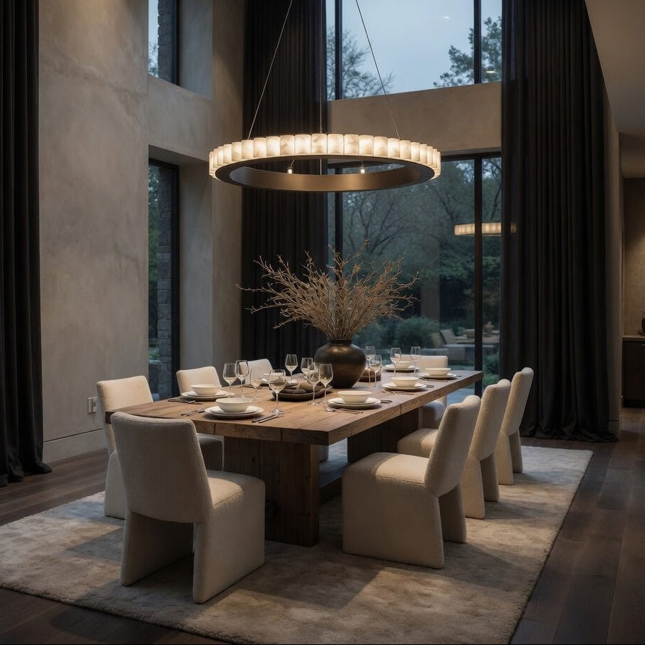 Modern dining room with a large wooden table and chairs, featuring a chandelier and large windows.