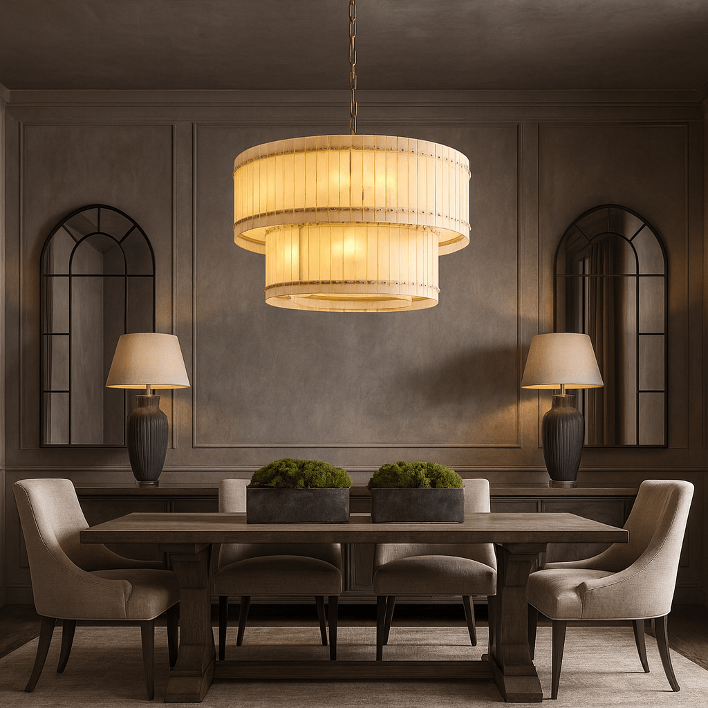 Elegant dining room featuring a wooden table, six upholstered chairs, potted plants, sideboards with table lamps, arched wall mirrors, and the Valmont 2-Tier Marble Chandelier 39" by Morsale overhead.