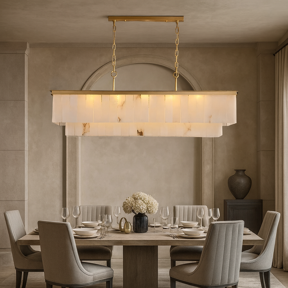 
                  
                    A modern dining room features a rectangular table set for six with upholstered chairs, a marble vase centerpiece with flowers, and the striking Beano Marble Dining Chandelier by Shopp578 illuminating the neutral-toned space.
                  
                