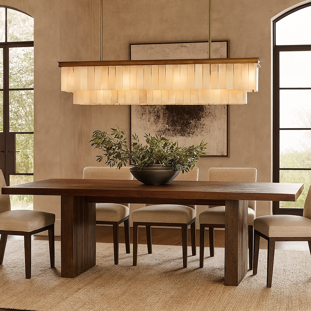 A modern dining room features a wooden table, six upholstered chairs, and a greenery-filled centerpiece. The Shopp578 Windsor Marble Dining Chandelier hangs above, while large windows and neutral walls create a bright, airy feel.