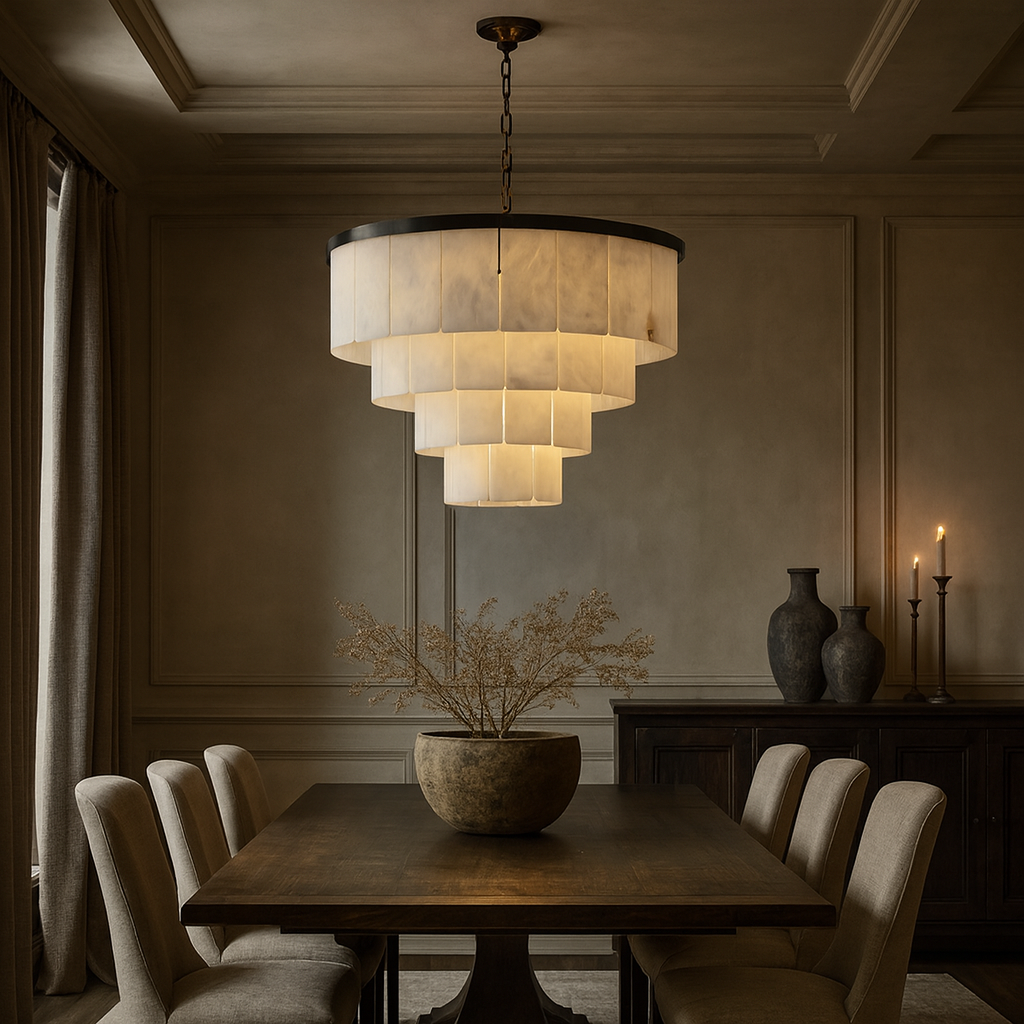 A modern dining room features the Morsale Aurora Marble Tiered Chandelier dimmable above a dark wood table with beige upholstered chairs, a potted dried plant centerpiece, and candles with vases on a sideboard against textured walls.