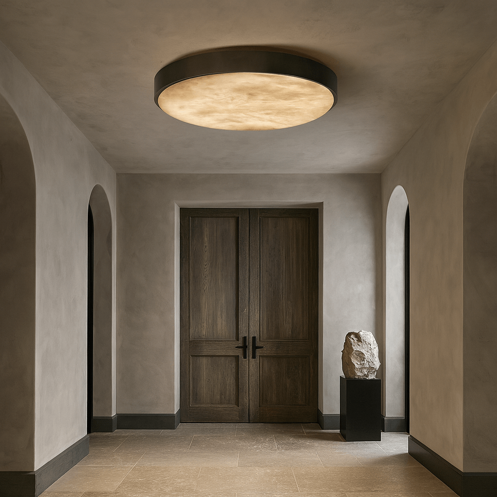 A minimalist hallway showcases double wooden doors, arched side doorways, and the Laurel Marble Flush Mount by Morsale overhead. A stone sculpture on a black pedestal sits right of the doors, while neutral walls and floors create a serene vibe.