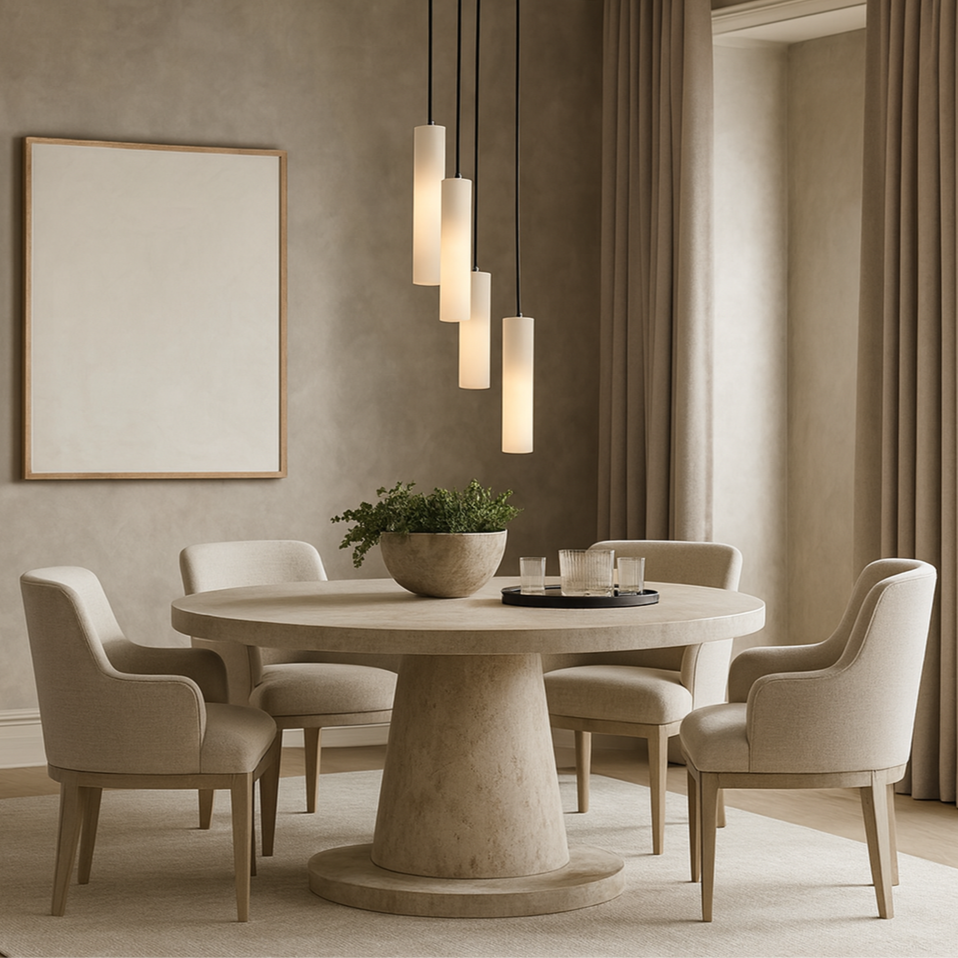 
                  
                    A round stone table with four beige upholstered chairs sits beneath the Linea Natural Marble Chandelier by Morsale.com. A potted plant decorates the table. The room has neutral walls, large curtains, and minimalist art.
                  
                
