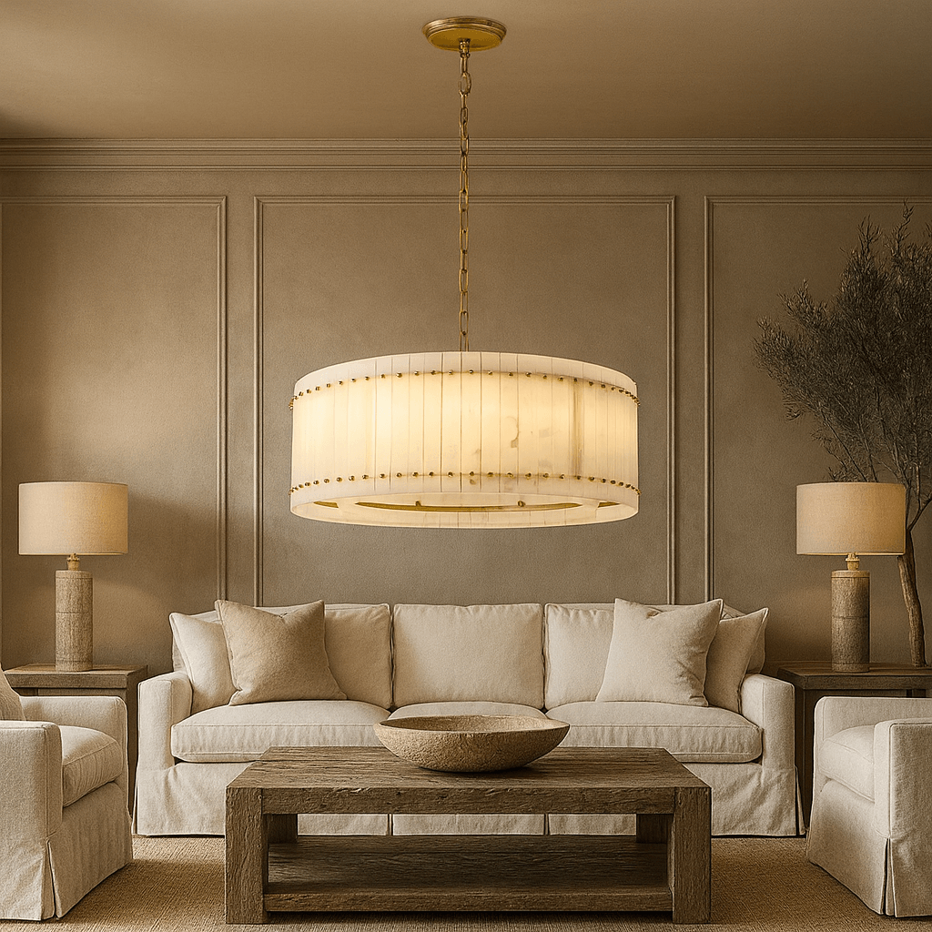 A cozy living room with a beige sofa, armchairs, wooden coffee table, large bowl centerpiece, matching table lamps, the Morsale Valmont Marble Round Chandelier 39" overhead, and neutral-colored walls with elegant paneling.