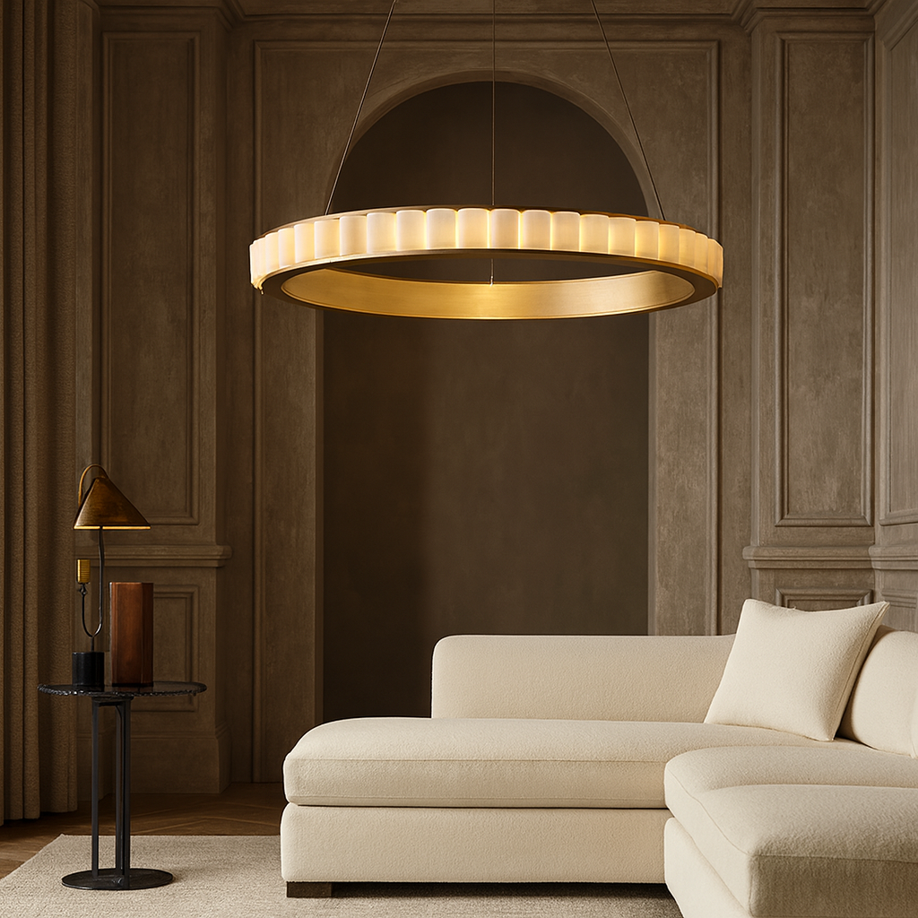 A modern living room features a cream sectional sofa, a round side table with lamp and books, and the Bigman Hampton Marble Chandelier casting warm light, all set against paneled taupe walls and floor-length curtains.