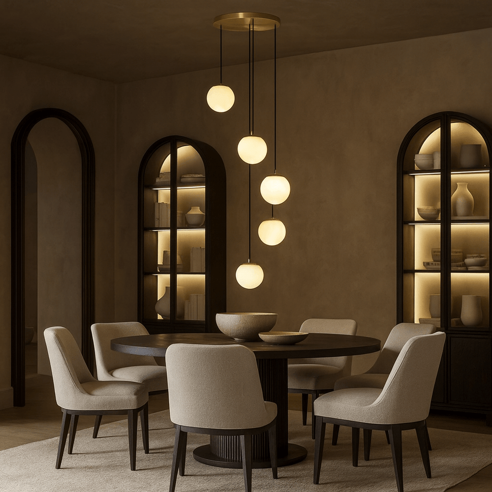 
                  
                    A modern dining room featuring a round table, six upholstered chairs, decorative shelves with vases, and the Morsale Brighton Marble Chandelier with six glowing globe pendants hanging at varied heights.
                  
                