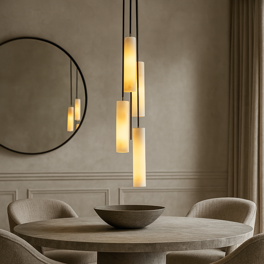 A modern dining area with a round table, two upholstered chairs, a decorative bowl, and the Linea Natural Marble Pendant from Morsale.com elegantly illuminating a large round mirror on a neutral-toned wall.