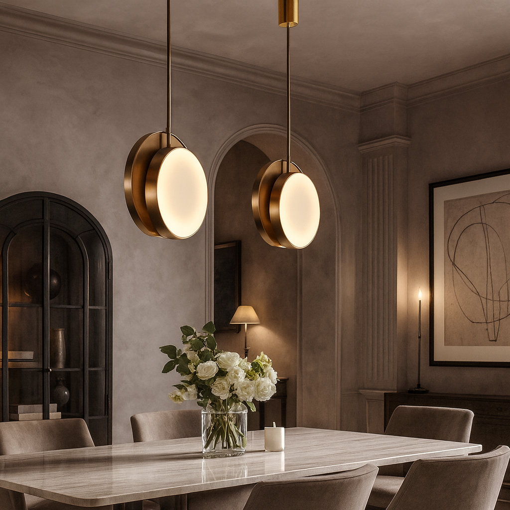 A modern dining room with a marble table, beige upholstered chairs, two Aeris Marble Pendant Lights by Morsale.com, a vase of white flowers, minimalist décor with framed abstract art, and soft ambient lighting.