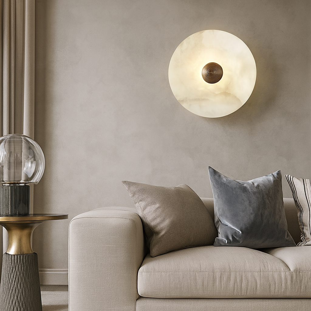 A modern living room features a beige sofa, grey and beige cushions, a round glass lamp on a gold side table, and the Morsale.com Moonshade Marble Disc Sconce glowing warmly on a textured beige wall.