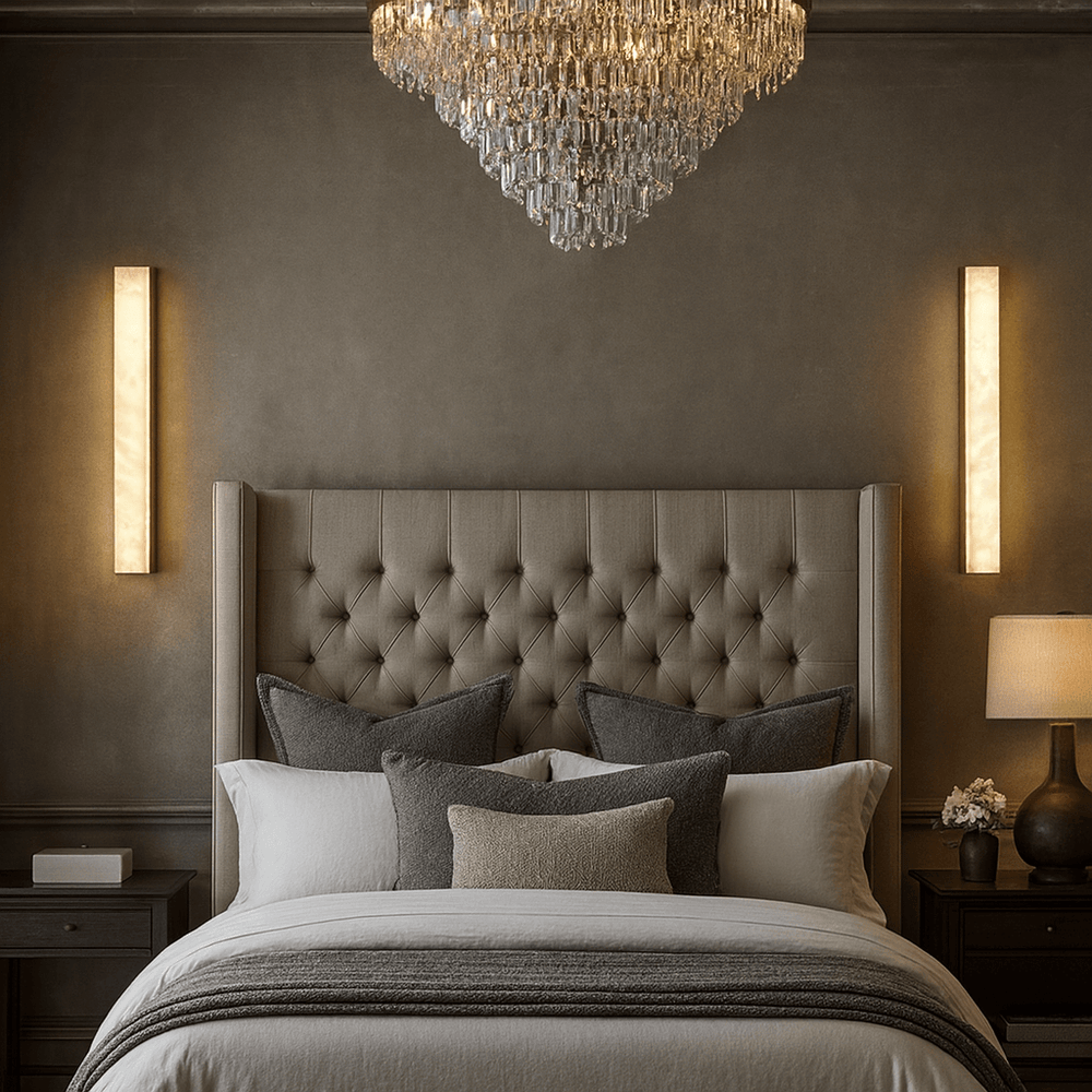A modern bedroom features a tufted headboard, layered pillows, two bedside tables with lamps, Linden Marble Sconces in Black by Morsale.com on taupe walls, and a crystal chandelier hanging over the bed.