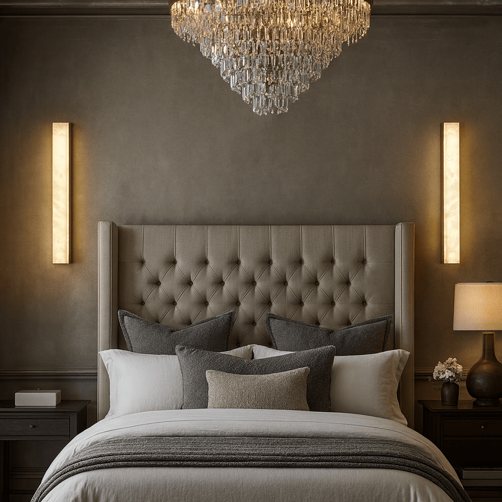 A modern bedroom features a tufted headboard, layered pillows, two bedside tables with lamps, Linden Marble Sconces in Black by Morsale.com on taupe walls, and a crystal chandelier hanging over the bed.