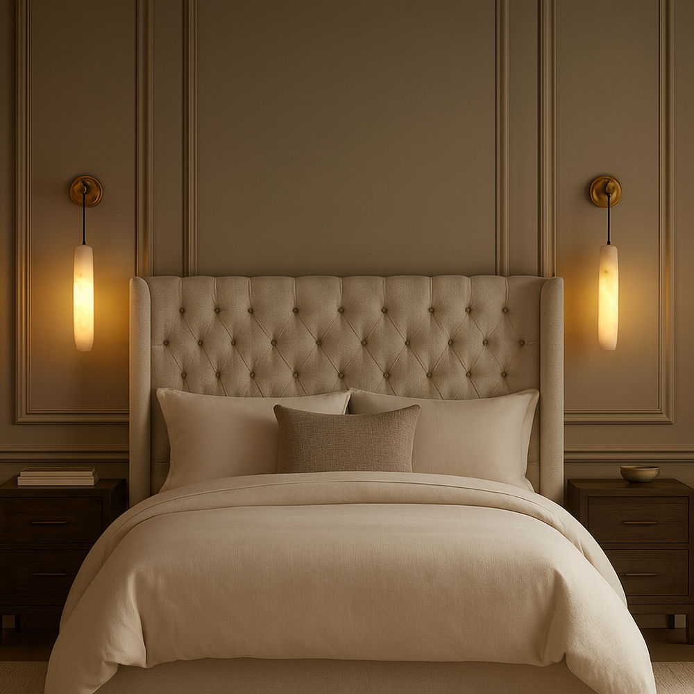 
                  
                    Neatly made bed with beige bedding in a bedroom setting with wall sconces.
                  
                