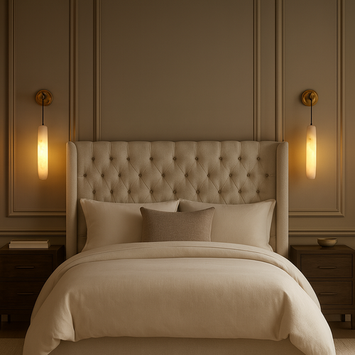 A cozy, elegant bedroom features a tufted beige headboard, neutral bedding, dark wood nightstands, and two Moonshade Marble Pendant Wall Sconces by Morsale.com on paneled walls—perfect for refined home decor.