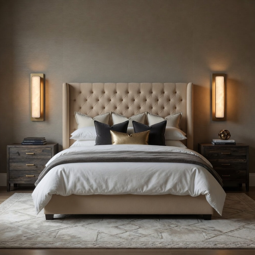 Modern bedroom with a tufted headboard, pillows, and side tables.