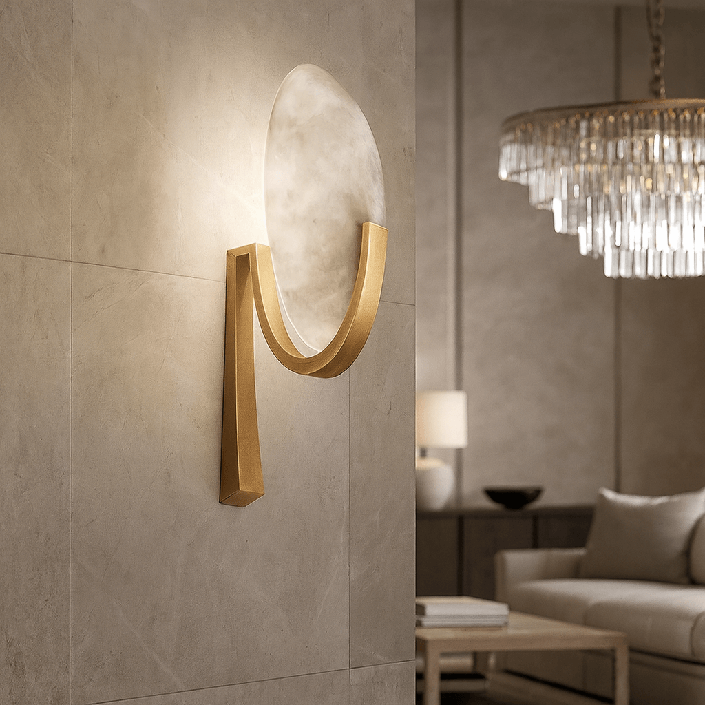 The Elara Natural Marble & Brass Wall Sconce by Morsale.com features a circular frosted glass shade on a beige tiled wall, with a crystal chandelier, beige sofa, lamp, and black bowl enhancing the elegant setting.