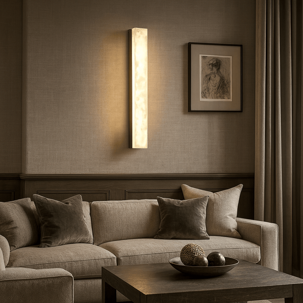 A modern living room with a beige sectional sofa, dark pillows, a wooden coffee table with decorative spheres, the Linden Marble Sconce in Black by Morsale.com, a framed sketch on taupe walls, and floor-length curtains.